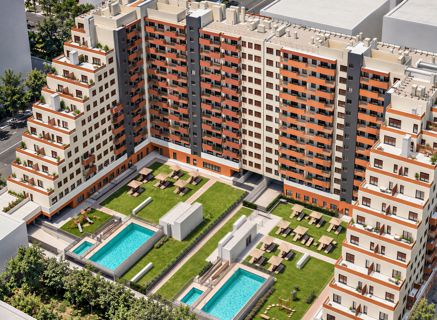 Vista aérea de Meranti con piscinas, jardines y zonas comunes residenciales.